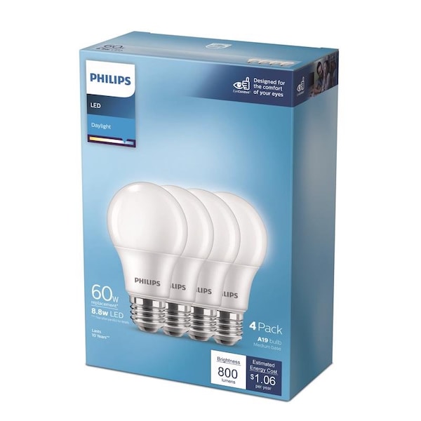 Philips Philips A19 E26 (Medium) LED Bulb Daylight 60 Watt Equivalence 4 pk 575837 - main